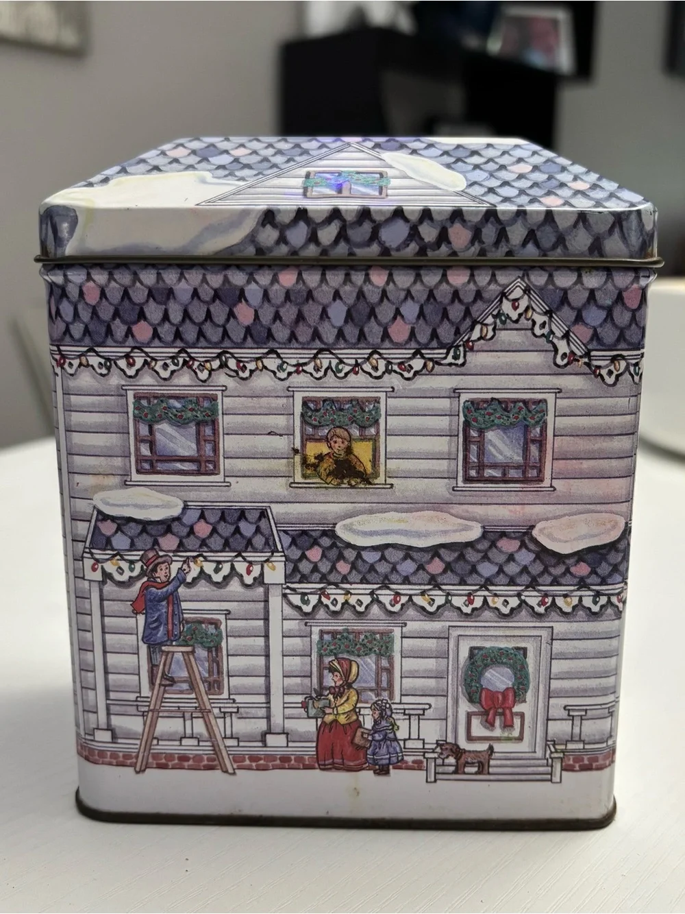 Vintage Holiday Village House Metal Tin – Christmas Snow Globe Scene Decor